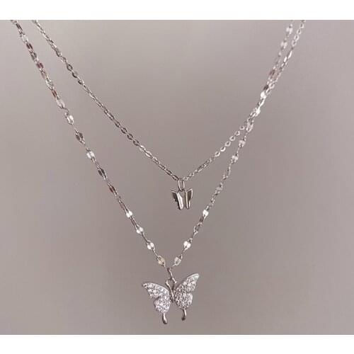 925 Sterling Silver Double Layer Zircon Butterfly Pendent Necklace For Women Girls Party Jewelry Choker Collar dz788