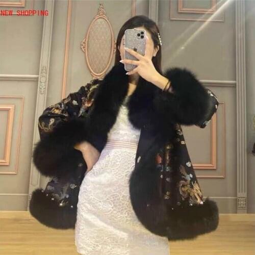 New Natural Real Fox Fur Coat Warm Winter Jacket Women Female Luxurious Dragon Print Embroidery Elegant Cloak Bead Overcoats