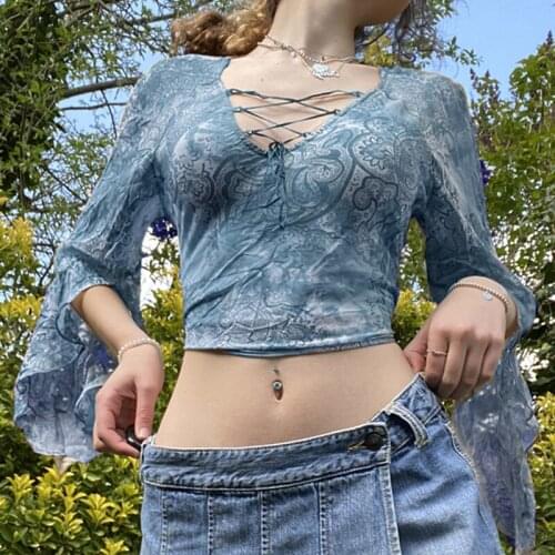 Women harajuku t shirts sexy hollow out v-neck lace up bow mesh tops flare sleeve cropped autumn tops print tees women clothing