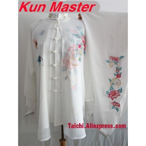 Custom Tai Chi Performance Uniform Flower Embroidery Martial Art Clothing For Kung Fu Three Pieces Veil Jacket And Pants White
