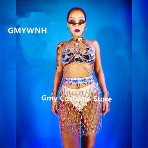 K53 Women sexy silver mirror dance costumes stage performance catwalk show dress bikini chain skirt party outfit bar wears bra