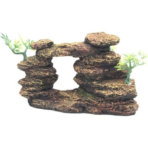 Aquarium Mountain View Stone Resin Ornament, Moss Tree Rock Cave Landscape Artificial Fish Tank Decoration
