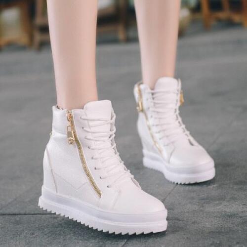 Fashion sneakers womens Leather height increasing boots women high heel black white bling zipper Platform wedge shoes
