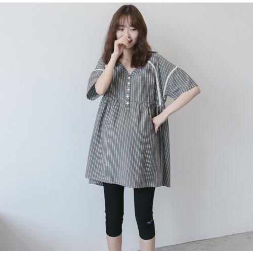 Summer V-Neck Button Dress Expectant Mother Maternity Half Sleeve Stripe TShirt Pregnancy Dresses Pregnant Women Loose Clothes