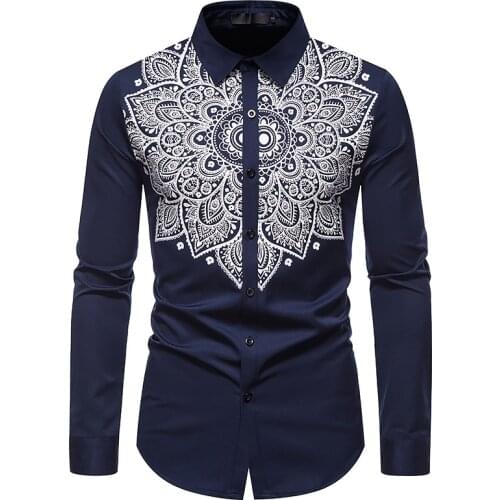 PARKLEES Mens Long Sleeve Print Shirts Black Slim Fit Casual Turn Down Collar Shirt Dress Wedding Party Camisas Para Hombre