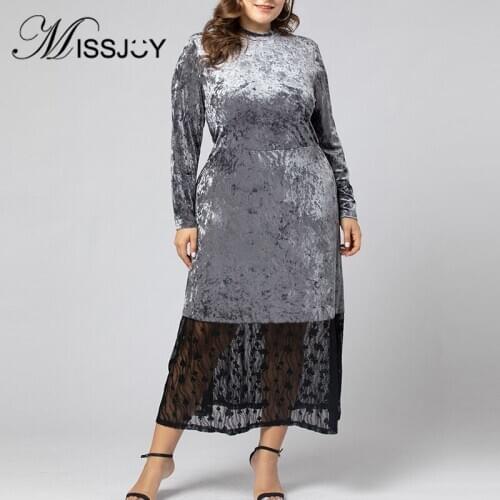 MISSJOY Winter 2019 Autumn New Party Women Dresses Lace Patchwork O-Neck Velvet Mid-Calf Long Sleeves Femme Plus Size Casual