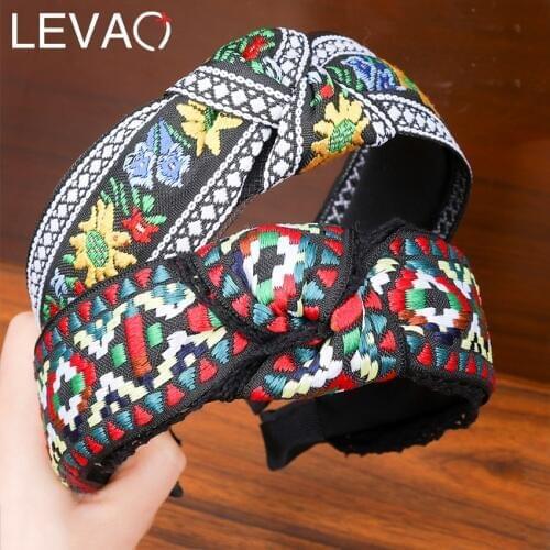 Levao Retro Embroidery Weaving Headband Ethnic Flower Print /Plaid Head Bezel Hairbands for Women Girls Hair Hoop Accessories