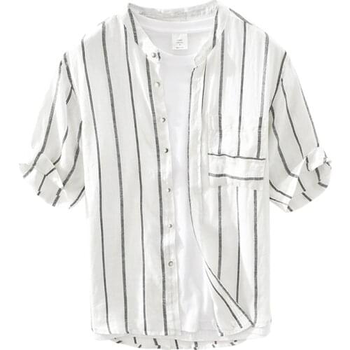 White Striped Shirt for Men Summer New Pure Linen Short Sleeve Thin Button Up Tops Male Fashion Casual Hemp Shirt Retro Clothes