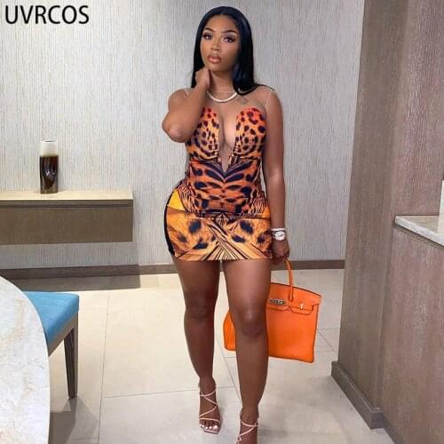 UVRCOS Sexy Leopard Dress Summer Clothes For Women Hipster Transparent Mesh Patchwork Lightweight Breathable Club Mini Dresses