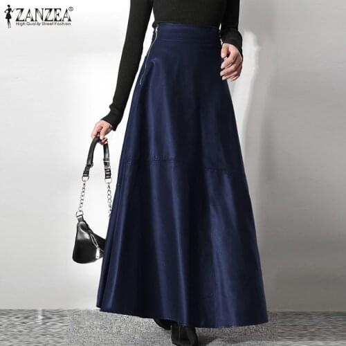 Fashion PU Leather Skirt Women Elegant OL Solid Skirts ZANZEA Office Lady Zipper Long Skirt Elegant Party A Line Bottom Oversize