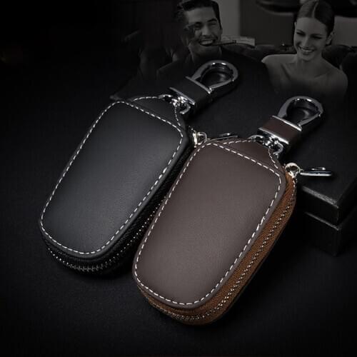 Universal Faux Leather Car Key Case Zipper Smart Keyless Remote Fob Protection Cover Keychain Bag Auto Accessories Brown Black