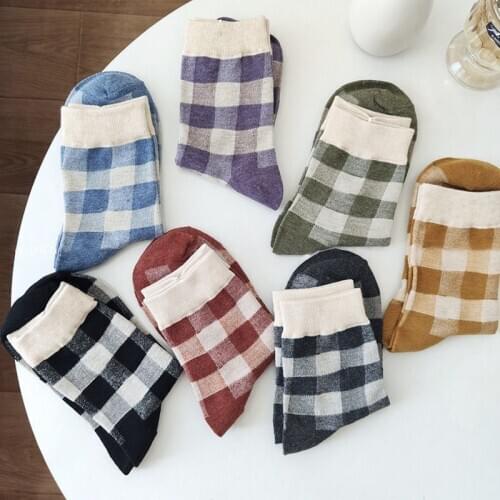 Vintage Plaid Checked Cotton Women Socks Retro Scottish Lattice Grid Kawaii Socks High Quality Fashion Autumn Winter Cute Socks