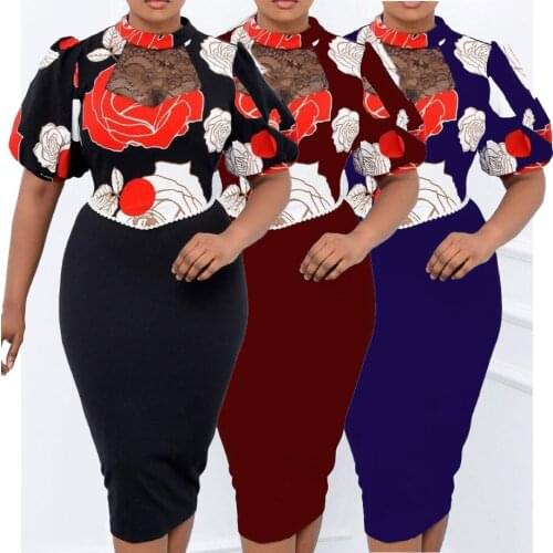 VITIANA Women Sexy Pencil Dress Summer 2021 Female Print Office OL Lace Dresses Femme Short Sleeve Midi Vesitdos Africa