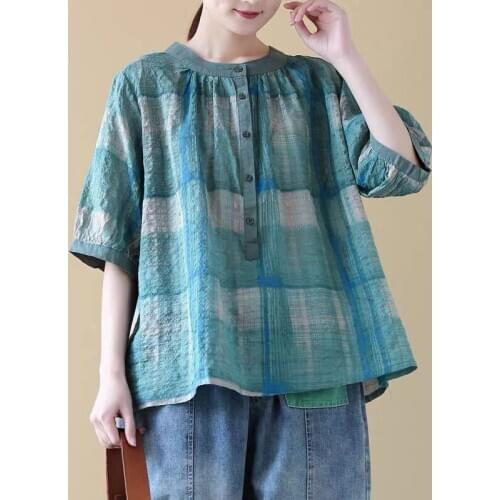 2021 Casual Shirts Femme Blusa Summer New Arts Style Women O-Neck Vintage Print Loose Blouse Cotton Linen Half Sleeve