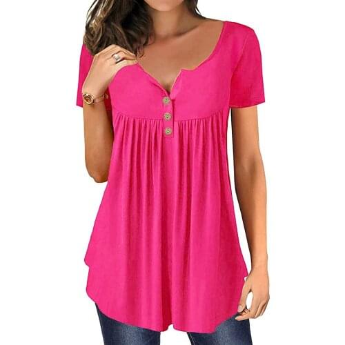 Womens short-sleeved round tie button solid color cotton and linen casual comfortable loose T-shirt