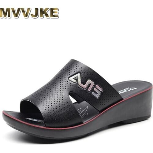 MVVJKE Summer casual slope with womens sandals and slippers thick-soled mid-heel mother sandals hollow breathable womens slipp