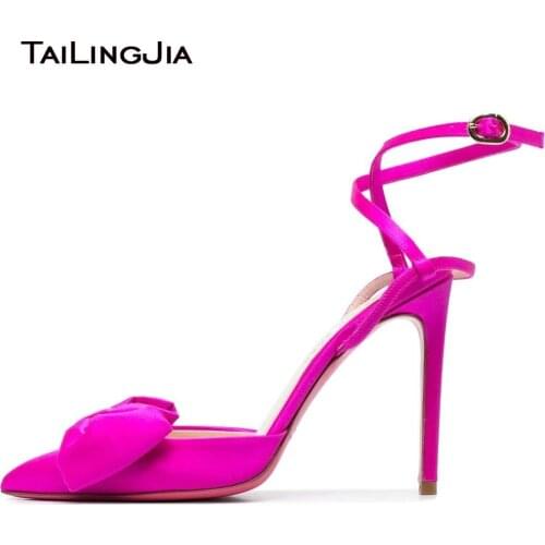 Womens Pointed Toe Bow Heels Stiletto High Heel Slingbacks Pumps Ladies Fuchsia Satin Knotted Party Dress Strap Shoes Big Size