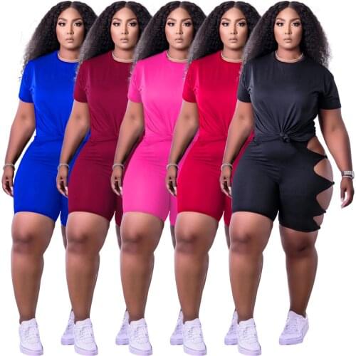 Casual Two Piece Set Women Solid Color Short Sleeve Tops + High Waist Hollow Out Shorts For Women Summer Matching Set