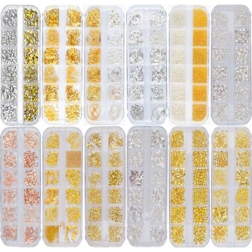 12Grids/Box Nail Mixed Multi-Shapes 3D DIY Hollow Metal Frame Nail Decorations Gold Silver Rose Gold Rivet Rhinestones Charm