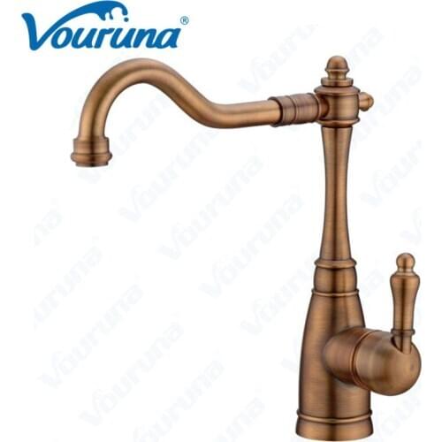 Vouruna Antique Brass Kitchen Faucet Hot&Cold Water Bronze Kitchen Sink Mixer Golden Kitchen Tap Red Copper