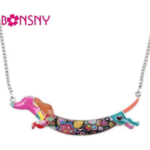 Bonsny Statement Enamel Alloy Dachshund Dog Necklace Pendant Chain Collar Animal Elegant Jewelry For Women Girls Charm Gifts Hot