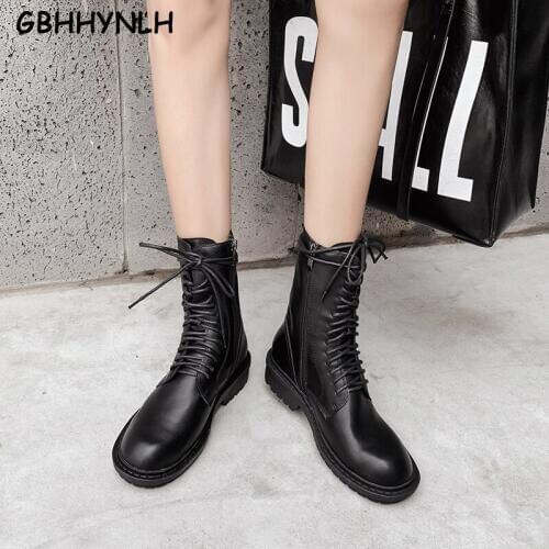 GBHHYNLH black boots Women Ankle Boots Round Toe Lace-up Platform Short punk Boots Female PU Soft Leather gothic boots LJA902