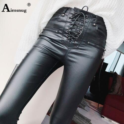 Women Fashion High Waist PU Leather Trousers Lace-up Skinny Pencil Pants Girls Zipper Cuff Faux Leather Spring Winter Pants