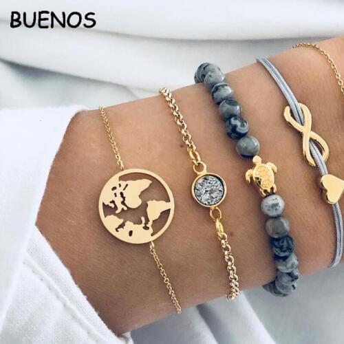 BUENOS 5 Pcs/ Set Punk Turtle Map Heart Letter Love Beads Chain Multilayer Pendant Bohemia Bracelet Set Charm Girl Jewelry Gift