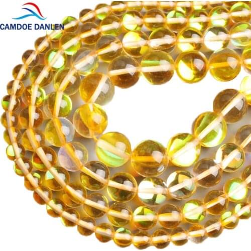 CAMDOE DANLEN Glass Beads Austria Yellow Crystal Synthesis Glitter Moon Stone Round Beads 6 8 10 12MM Fit Diy For Jewelry Making