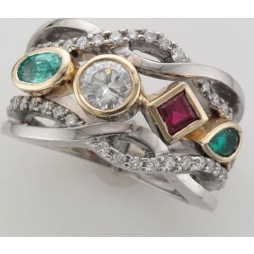 Huitan Two Tone Vintage Rings for Women Geometric Colorful Cubic Zirconia Personality Versatile Ladys Accessories Hot Jewelry