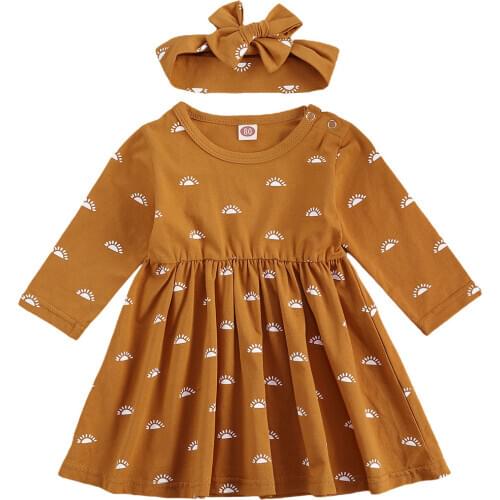 2Pcs Baby Girl Sun Printing Dress Set Long Sleeve Ruffled Hem Casual Dress Printed Bow Knot Headband Infant Toddler Dresses