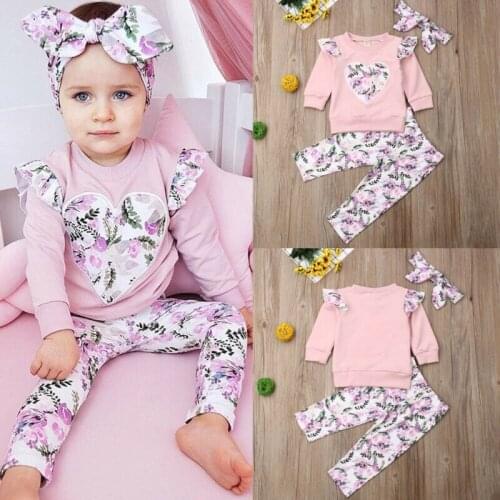 Newborn Baby Girls 3pcs Outfit Floral Long Sleeve Ruffles T-shirt Tops+Long Pants+Headband Autumn Kids Clothes Toddler Set