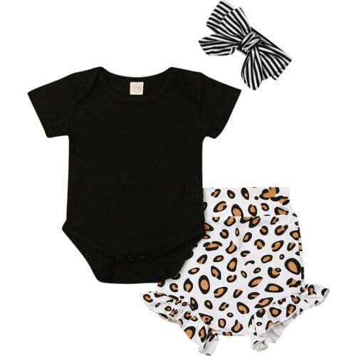 Citgeett Summer 3PCS Newborn Kids Baby Girls Leopard print Clothes Black Romper Pants Shorts Headband Outfits Set