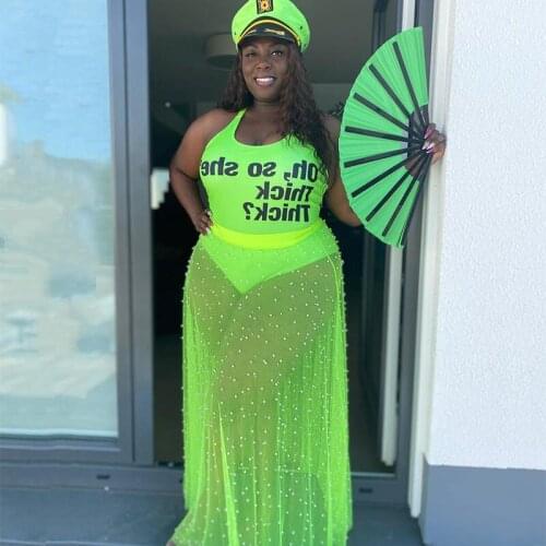 Summer sexy two piece set women sleeveless bodycon bodysuit transparent mesh skirt set plus size sets wholesale dropshipping