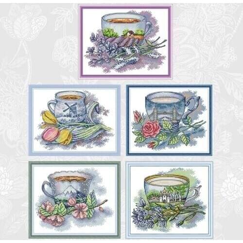 Various countries teacup Patterns Printed Canvas DIY Handwrok Cross Stitch Kits DMC Counted Cross-stitch Embroidery Needlework
