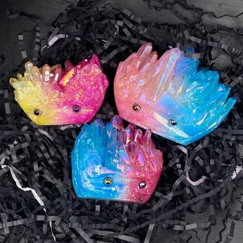 Natural electroplated crystal hedgehog figurine crystal cluster quartz ore magic healing crystal home decor collection display