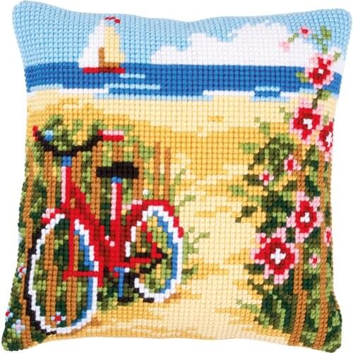 DIY Cross Stitch Cushion Cover At The Beach Needlepoint Kits Printed Canvas Chunky Yarn Cross-stitch Pillow Case Arts & Crafts