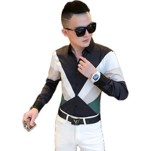 2021 spring and autumn fashion new mens simple color matching slim long-sleeved shirt men shirt