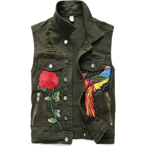 New Mens male army green rose phoenix embroidery denim vest Slim eagle embroidered tank top Waistcoat