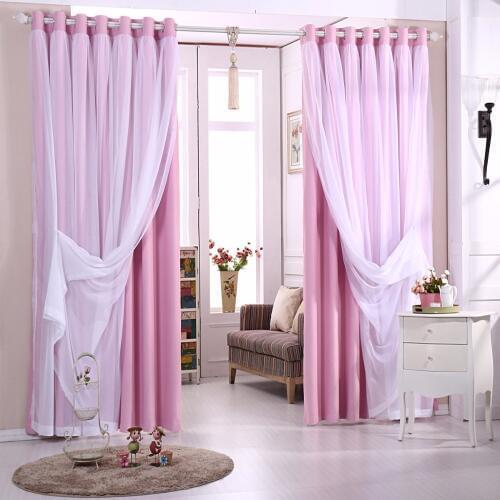 Solid Color Double Layer Curtains with White Tulle for Bedroom Living Room and Kitchen Purple Grey Blue Blackout Curtain