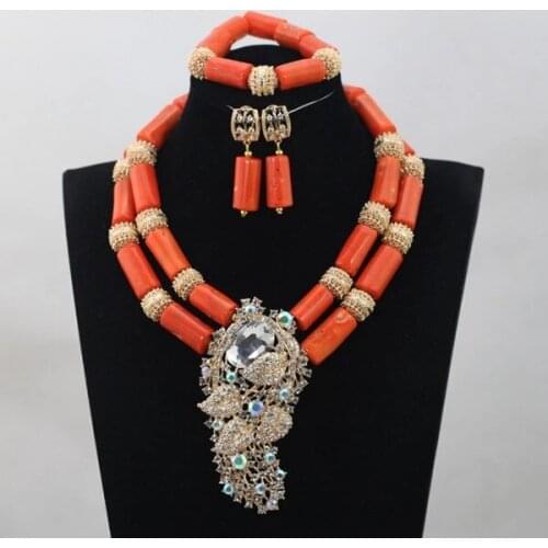 Luxury Style Coral and Dubai Gold African Beads Necklace Jewelry Set Real Coral Beads Necklace Set New Bridal Jewelry Sets