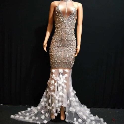 2020 New Design Rhinestones pearls Mesh Dress Birthday Celebrate Stretch Dress See Through Outfit Singer Prom Party Performance