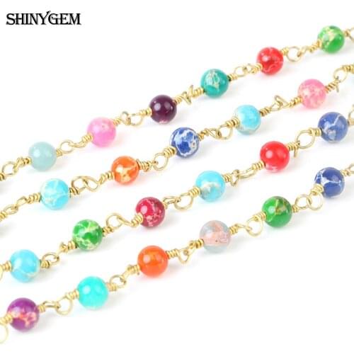 ShinyGem 6mm Round Ball Bead Chain Natural Crystal Imperial Jasper Stone Beads Gold Plated Copper Chains For DIY Jewelry Making