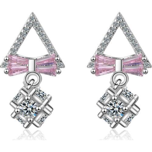 Ultra-flash zircon geometric temperament personality trend wild drop bow short silver plated stud earrings WE041