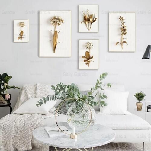 Vintage Elegant Bouquet Poster Wallpaper Golden Flower Canvas Painting Craft Print Picture for Home Living Room Decoration