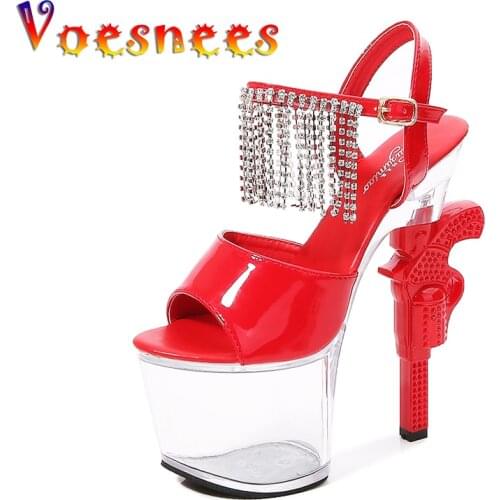 Voesnees Stripper Shoes Women Pole Dance High Heels Sexy Model Type Patent Leather Clear Sandals Women Party Shoes Strange Style
