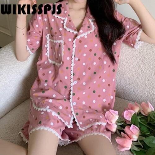 WIKISSPJS 2021 Summer New Korean Color Polka Dot Short Sleeve Lovely Lace Side Home Dress Two Piece Set Summer Sleep Tops