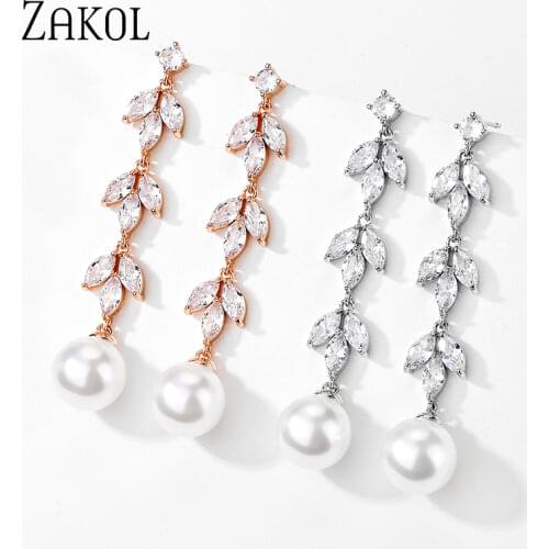ZAKOL Fashion High AAA Cubic Zirconia Pearl Drop Earrings Bride Bridesmaid Wedding Party Jewelry Dangle Earrings DE19