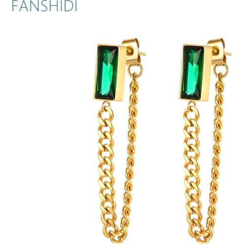 FANSHIDI Stainless Steel Geometric Green Zirconia Chain Drop Earrings For Women Metal Texture Earrings