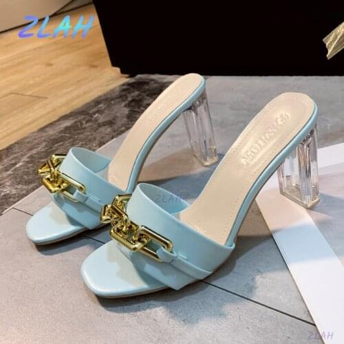 Womens High-heeled Slippers Zlah Party Sexy Summer High-heeled Shoes Ladies Chain Decoration Womens Slippers Women Pumps